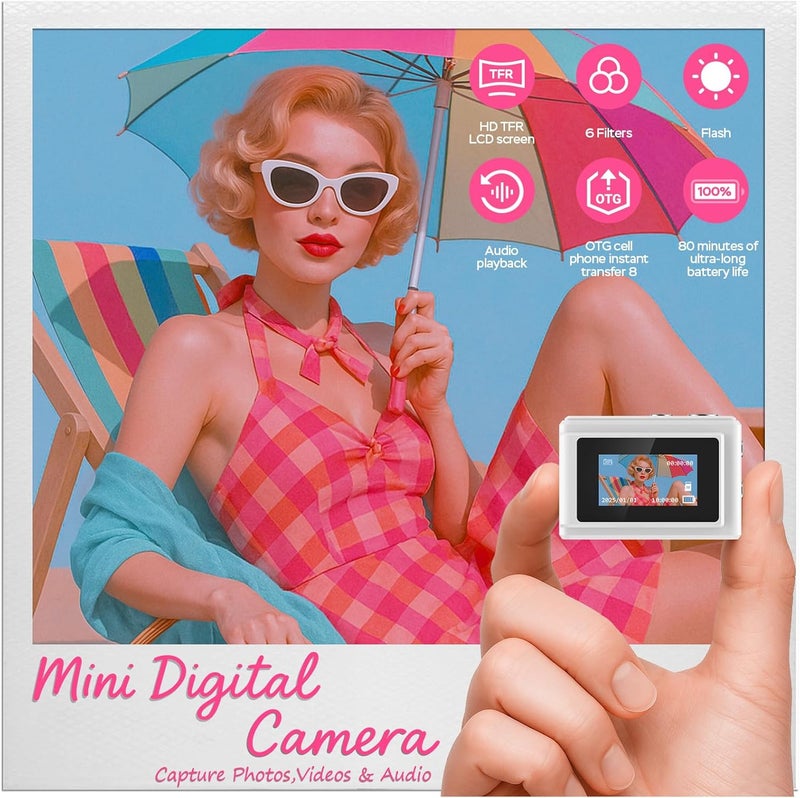 Dienspeak Mini Camera 1080P HD Video Recorder - Keychain Digital Camcorder with 64GB Card, 0.96" HD Display, Long Battery Life, Ultra-Portable Tiny Camera for Travel/Vlog/Night Shots, White - Image 2